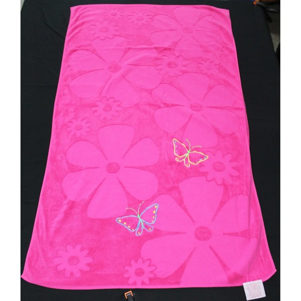Vintage Y2K Sun Sational Pink Floral Butterfly Beach Towel 37x63 Cotton